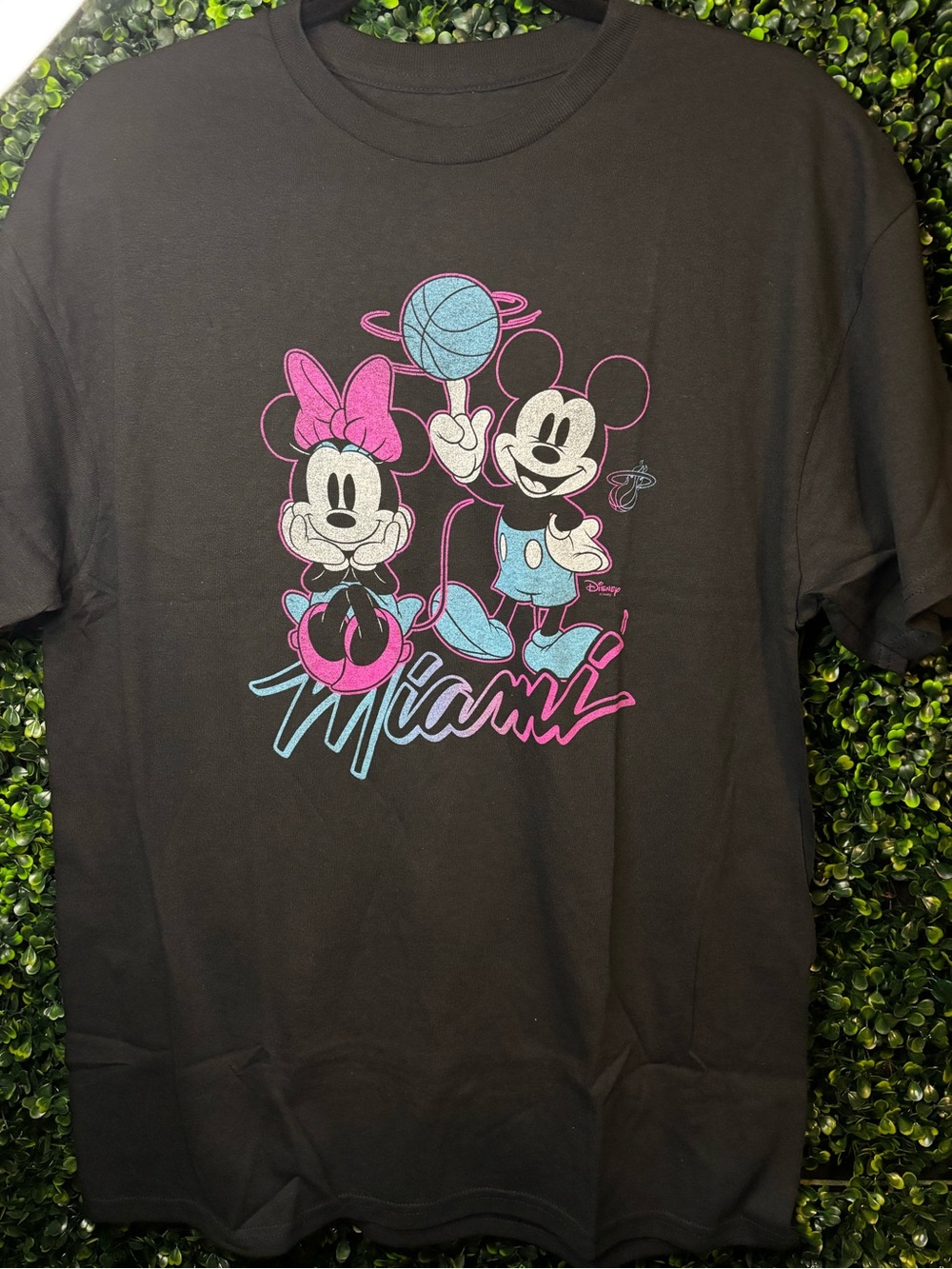Junk Food Clothing Tee with Pink & Blue Mickey and Minnie Miami Heat Graphic